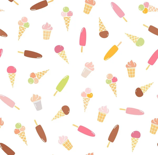 Ice Cream Sömlösa Mönster Färg Vit Vektor Färgad Platt Ritningar — Stock vektor