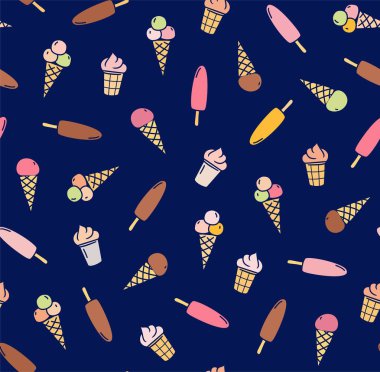 Düz renkli çizimler üzerinde mavi bir alan. Boynuz ve buzlu şeker. Vektör desen. 