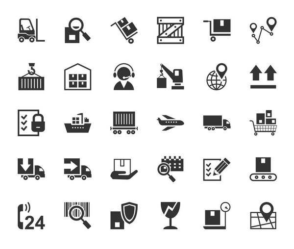 Shipping, flat icons, monochrome, vector. Transportation and delivery of goods. Gray flat icons on white background. Vector clip art.