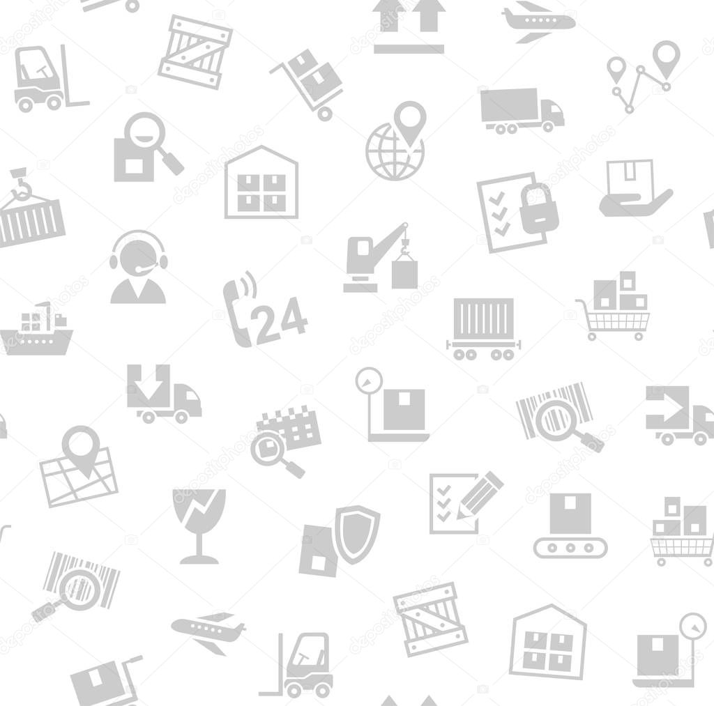 Cargo delivery, seamless pattern, white, vector. Cargo transportation and delivery of goods. Gray icons on white background. Vector flat seamless pattern. 
