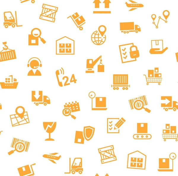 Cargo delivery, seamless pattern, white, orange, vector. Cargo transportation and delivery of goods. Orange icons on white background. Vector flat seamless pattern.