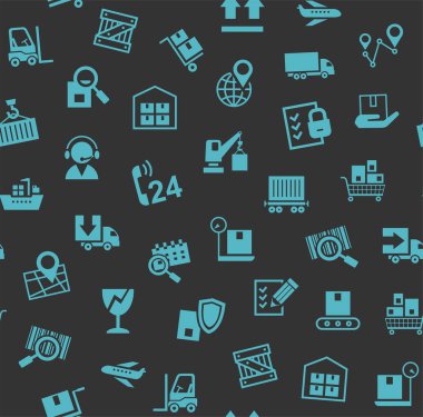 Kargo teslim, Dikişsiz desen, renk, gri, mavi kutsal kişilerin resmi, vektör. Taşımacılık ve malların teslim. Koyu gri arka plan mavi simgeleri. Vektör düz seamless modeli. 