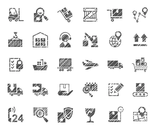 Envío Insignias Planas Eclosión Lápiz Monocromo Vector Transporte Carga Entrega — Archivo Imágenes Vectoriales