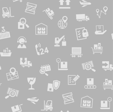 Kargo teslimatı, Dikişsiz desen, gri, renk, vektör. Kargo taşımacılığı ve malların teslimi. Gri arka planda gri simgeler. Vektör düz Dikişsiz desen. 