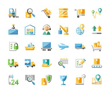 Nakliye, renkli rozetler, düz, vektör. Kargo taşımacılığı ve mal ların teslimatı. Beyaz arka planda renkli, düz simgeler. Vektör küçük resim. 