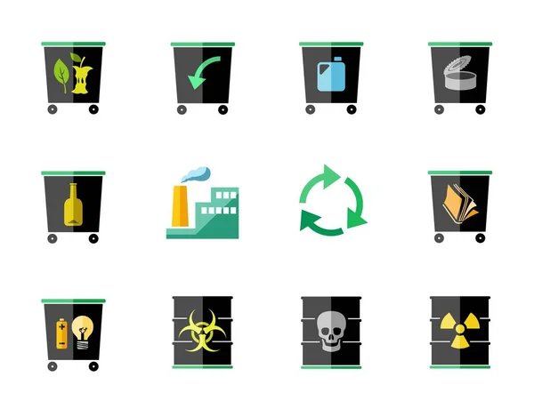 Waste Disposal Flat Icons Black Color Vector Garbage Collection Different — Stock Vector