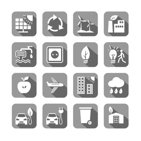 环保技术 带阴影 环保生产电力 燃料和食品 未来技术 图标集 带阴影的灰色字段上的白色图片 — 图库矢量图片