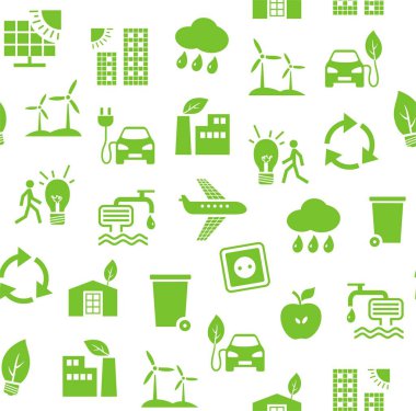 Çevre dostu teknoloji, dikişsiz desen, beyaz, yeşil, düz, vektör. Elektrik, yakıt ve gıda çevre dostu üretim. Dikişsiz, tek renkli arka plan. Geleceğin teknolojisi. Beyaz bir alanda yeşil simgeler. Vektör düz deseni. 