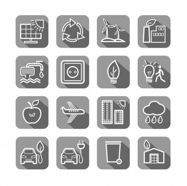 Çevre dostu teknoloji, simgeler, çizgi çizimi, set, vektör. Elektrik, yakıt ve gıda çevre dostu üretim. Geleceğin teknolojisi. Simge seti. Gölgeli gri kutudaki beyaz doğrusal görüntüler. 