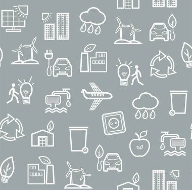 Çevre dostu teknoloji, dikişsiz desen, gri, kontur çizimi, tek renkli, vektör. Temiz enerji, yakıt ve gıda üretimi. Dikişsiz tek renkli arka plan. Geleceğin teknolojisi. Gri bir alanda beyaz çizgi simgeleri. Vektör düz deseni. 