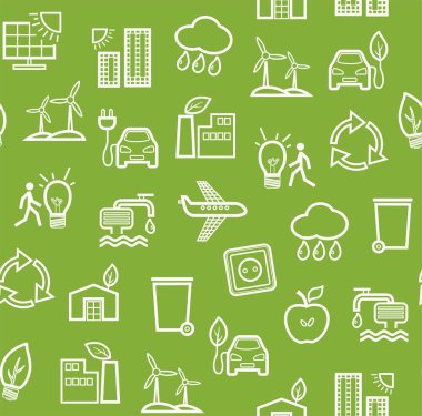Çevre dostu teknoloji, dikişsiz desen, yeşil, kontur deseni, tek renkli, vektör. Temiz enerji, yakıt ve gıda üretimi. Dikişsiz tek renkli arka plan. Geleceğin teknolojisi. Yeşil alandaki beyaz çizgi simgeleri. Vektör düz deseni. 