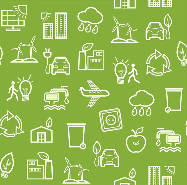环保技术 无缝图案 轮廓图案 清洁能源 燃料和食品生产 无缝单色背景 未来技术 绿色字段上的白色线条图标 矢量平面图案 — 图库矢量图片