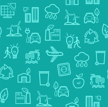 Çevre dostu teknoloji, dikişsiz desen, turkuaz, kontur çizim, renk, vektör. Temiz enerji, yakıt ve gıda üretimi. Dikişsiz renk arka plan. Geleceğin teknolojisi. Turkuaz bir alanda çizgi simgeleri. Vektör düz deseni. 