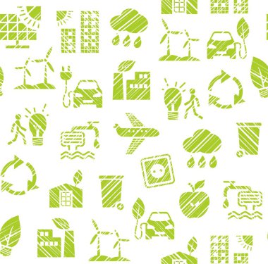 Çevre dostu teknoloji, dikişsiz desen, kalem kuluçka, monokrom, beyaz, yeşil, vektör. Temiz enerji, yakıt ve gıda üretimi. Geleceğin teknolojisi. Kalem kapağıtakisi. Dikişsiz beyaz arka plan. Vektör düz deseni. 