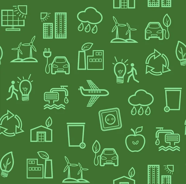 环保技术 无缝图案 轮廓绘制 清洁能源 燃料和食品生产 无缝的色彩背景 未来技术 绿色字段上的线性绿色图标 矢量平面图案 — 图库矢量图片