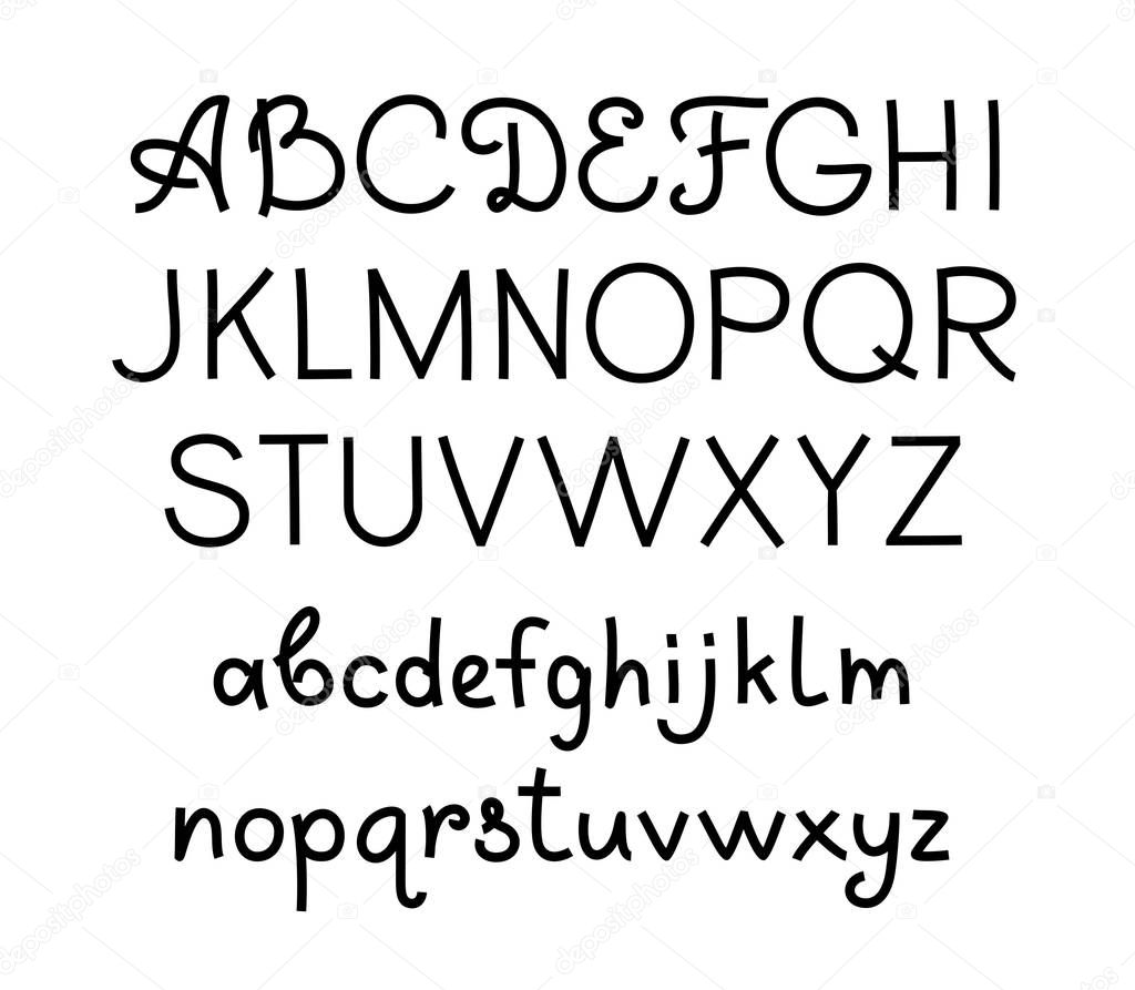 Handwritten font, English, thin, black, vector. Black English alphabet on a white field. Uppercase and lowercase letters.Thin felt-tip pen. Imitation. 