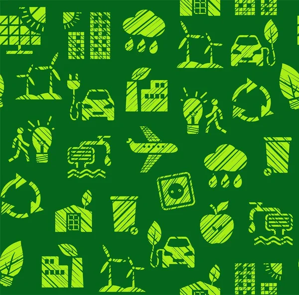 Technologia Przyjazna Dla Środowiska Bezszwowy Wzór Kreskowanie Ołówkiem Kolor Zielony — Wektor stockowy