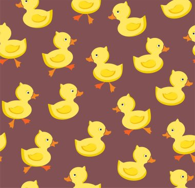 Ducklings, Dikişsiz desen, renk, gri-Lila, vektör. Sarı neşeli ördekler. Renk, düz resim. Vektör, düz kesintisiz arka plan. 