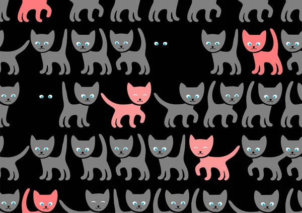 Pink kittens on black background, seamless pattern, vector. Funny kittens. Black background with grey and pink kittens.