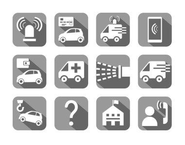 Acil servisler, simgeler, gri, düz, vektör. Gölgeli gri bir alandaki beyaz resimler. Acil tıp ve yangın yardımı, referans hizmetleri. 