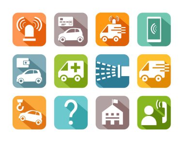 Acil servisler, rozetler, renk, düz, vektör. Gölgeli renkli bir alandaki beyaz resimler. Acil tıp ve yangın yardımı, referans hizmetleri. 