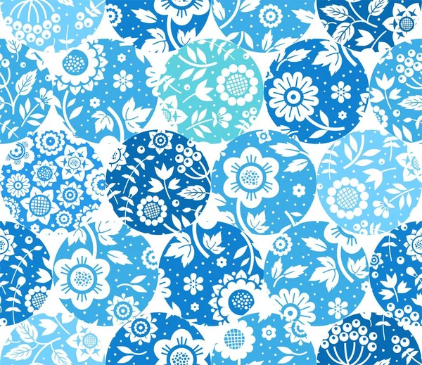 Motif Floral Blanc Sur Cercles Bleus Sans Couture Fond Blanc — Image vectorielle