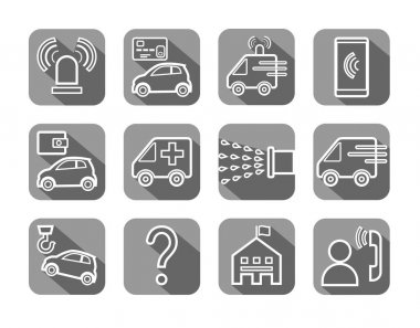 Acil servisler, simgeler, düz, kontur çizimi, vektör. Acil tıbbi ve yangın yardımı, referans hizmetleri. Gölgeli gri arka plan üzerinde beyaz çizgi resimleri. 