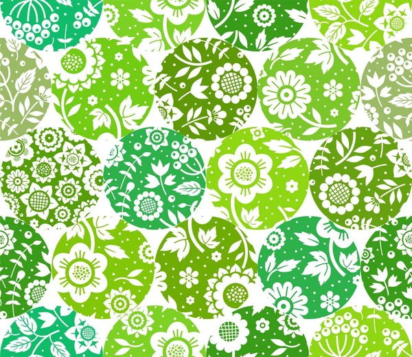 Blommigt Vitt Mönster Gröna Cirklar Sömlös Platt Vit Bakgrund Vektor — Stock vektor