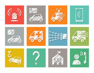 Acil servis, renkli simgeler, set, kuluçka, beyaz, vektör. Acil tıbbi ve yangın yardımı, referans hizmetleri. Simüle edilmiş kalem yumurtadan çıkma. Renk alanındaki beyaz simgeler. 