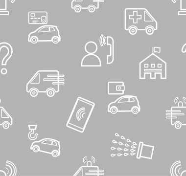 Acil servisler, kusursuz desen, kontur deseni, gri, tek renkli, düz, vektör. İnce anahat çizimi. Acil tıbbi ve yangın yardımı, referans hizmetleri. Gri arka planda beyaz resimler. 