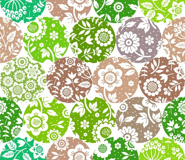Blommigt Vitt Mönster Sömlösa Gröna Och Bruna Cirklar Vit Bakgrund — Stock vektor