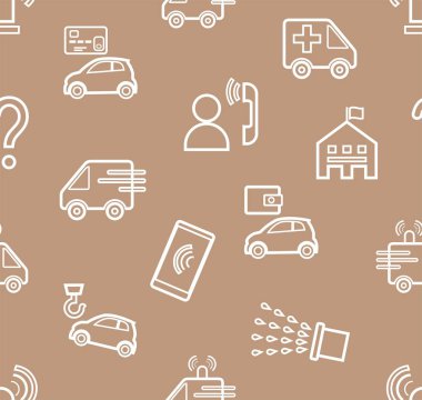 Acil servisler, dikişsiz desen, kontur deseni, kahverengi, tek renkli, düz, vektör. İnce anahat çizimi. Acil tıbbi ve yangın yardımı, referans hizmetleri. Kahverengi arka plandaki beyaz resimler. 