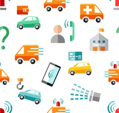 Acil servisler, kusursuz desen, renk, beyaz, vektör. Acil tıbbi ve yangın yardımı, referans hizmetleri. Beyaz alandaki renkli simgeler. 