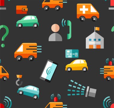 Acil servisler, kusursuz desen, renk, gri, vektör. Acil tıbbi ve yangın yardımı, referans hizmetleri. Gri alandaki renkli simgeler. 