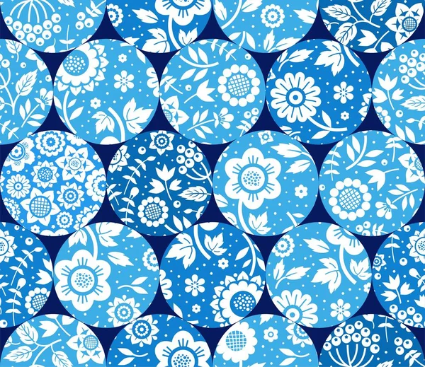 Květinové Bílé Vzory Modrých Kruzích Bezešvé Modré Pozadí Ploché Vektorové — Stockový vektor