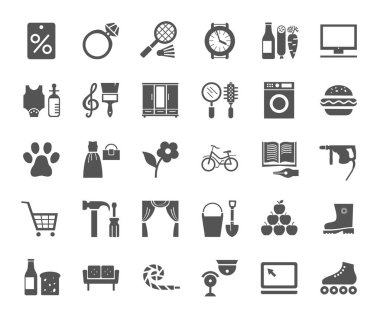 Shops, monochrome flat icons, vector.  Different categories of stores. Gray icons on a white field. 