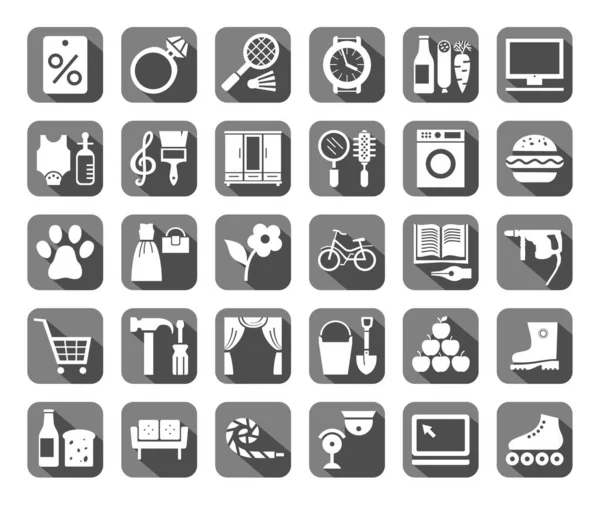 Tiendas Iconos Planos Vector Diferentes Categorías Tiendas Iconos Blancos Campo — Vector de stock