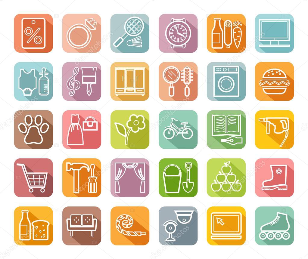 Shops, color icons, thin outline, vector. Different categories of goods. White icons on a colored box with a shadow. 
