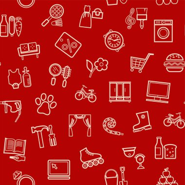 Dükkanlar, desensiz, renksiz, doğrusal, kırmızı, vektör. Farklı ürün kategorileri. İnce, doğrusal bir kalıp.  