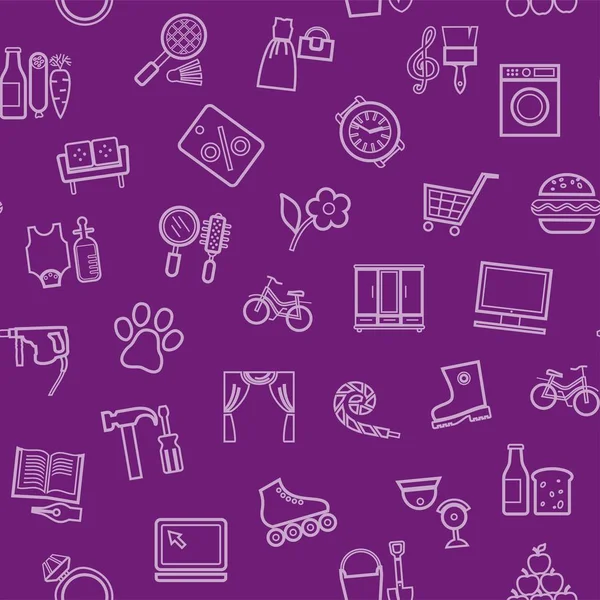 Магазини Безшовний Візерунок Колір Лінійний Фіолетовий Вектор Різні Категорії Продуктів — стоковий вектор