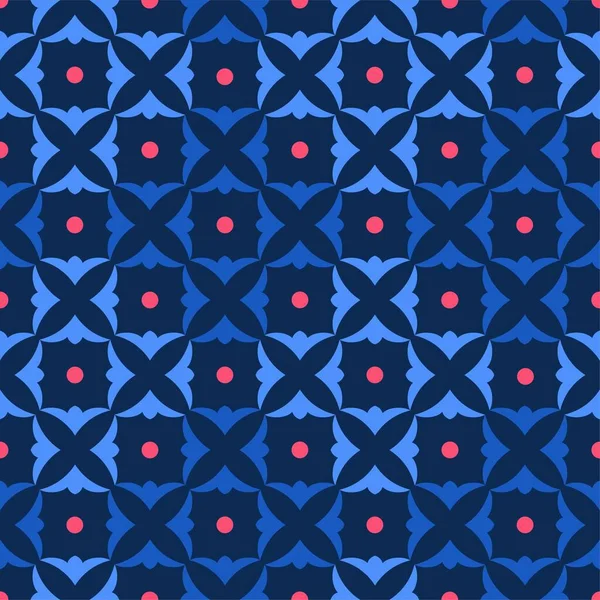 装飾は シームレスなパターン 青です 暗いフィールド上の青のシャムロックとピンクのドット 装飾的な背景 フラットイメージ ベクトル — ストックベクタ