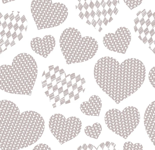 无缝图案 在白地上编织的心 装饰平面图像 — 图库矢量图片