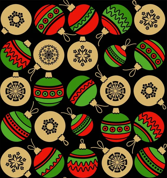 Рождественские Шары Бесшовный Рисунок Черный Золотые Зеленые Рождественские Игрушки Черном — стоковый вектор