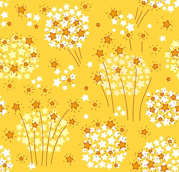 Fireworks Seamless Pattern Color Yellow White Orange Stars Yellow Background — Stock Vector