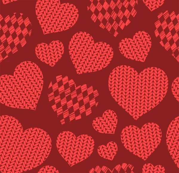 Corações Sem Costura Tricotados Vermelhos Imitação Tecido Malha Vetor — Vetor de Stock