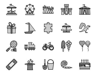 Çocuklar için eğlence, rozetler, set, gri. Gezintiler, oyunlar ve tatiller. Siyah çizgili gri resimler. Vektör. 