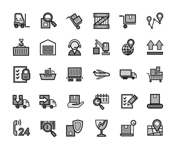 Cargo delivery, badges, set, grey. Freight. Gray images with a black outline. Vector. 