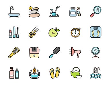 Güzellik ve sağlık, ikonlar, set, ana hatlarıyla renk. Siyah çizgili renkli resimler. Vektör. 