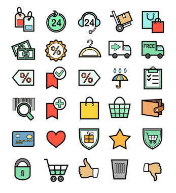 Alışveriş, ikonlar, set, renk. Siyah çizgili düz renkli resimler. Vektör. 