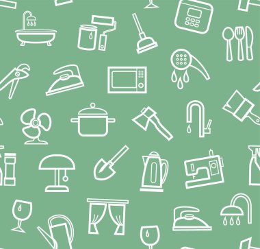 Ev eşyaları ve aletler, kusursuz desen, yeşil. Yeşil alanda beyaz simgeler. İnce bir özet. Vektör. 